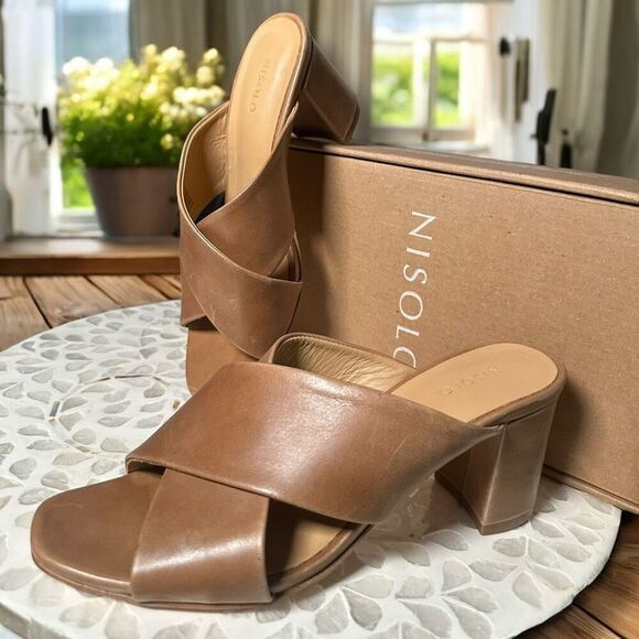 NISOLO Carina Leather Cross Strap Heeled Slip On Sandal Mule Womens 7.5 - Picture 15 of 16